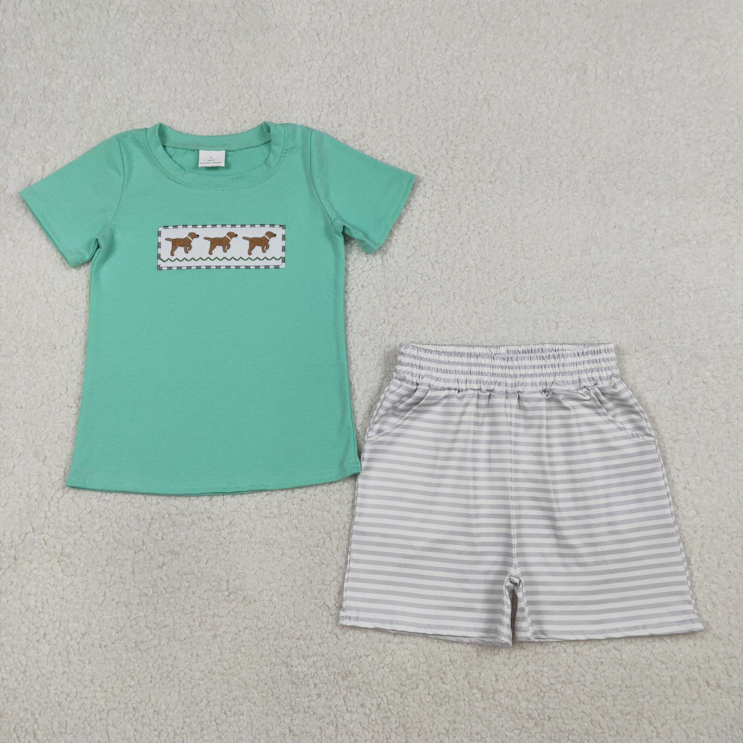 RTS NO MOQ(In Stock) BSSO1688 Embroidered puppy blue-green striped short-sleeved shorts set