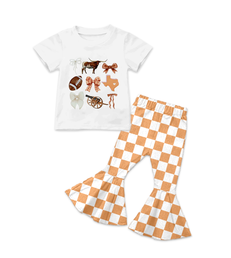 Custom summer teams baby girl clothes rugby bow orange plaid short sleeve pants sets-25.8.16