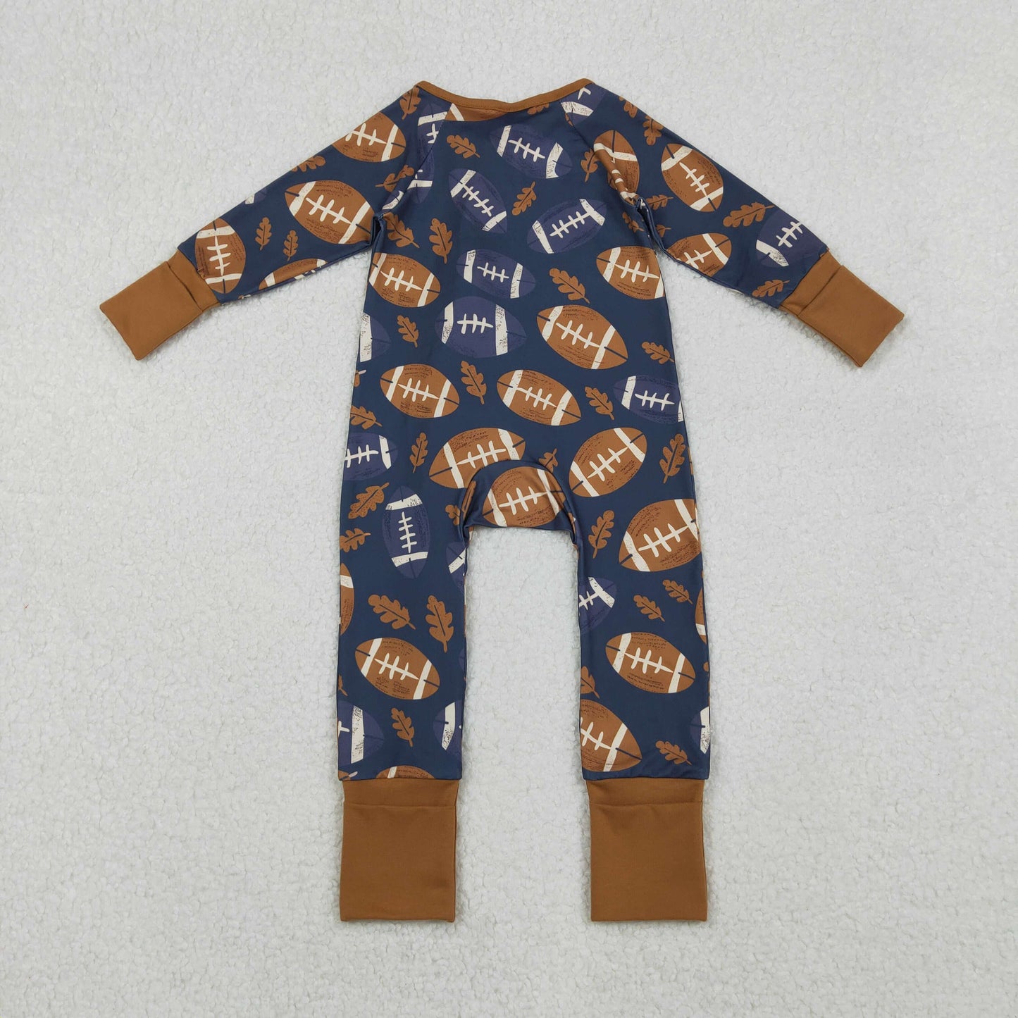 RTS NO MOQ(In Stock) LR2543 Rugby leaf brown and blue zippered long-sleeved bodysuit