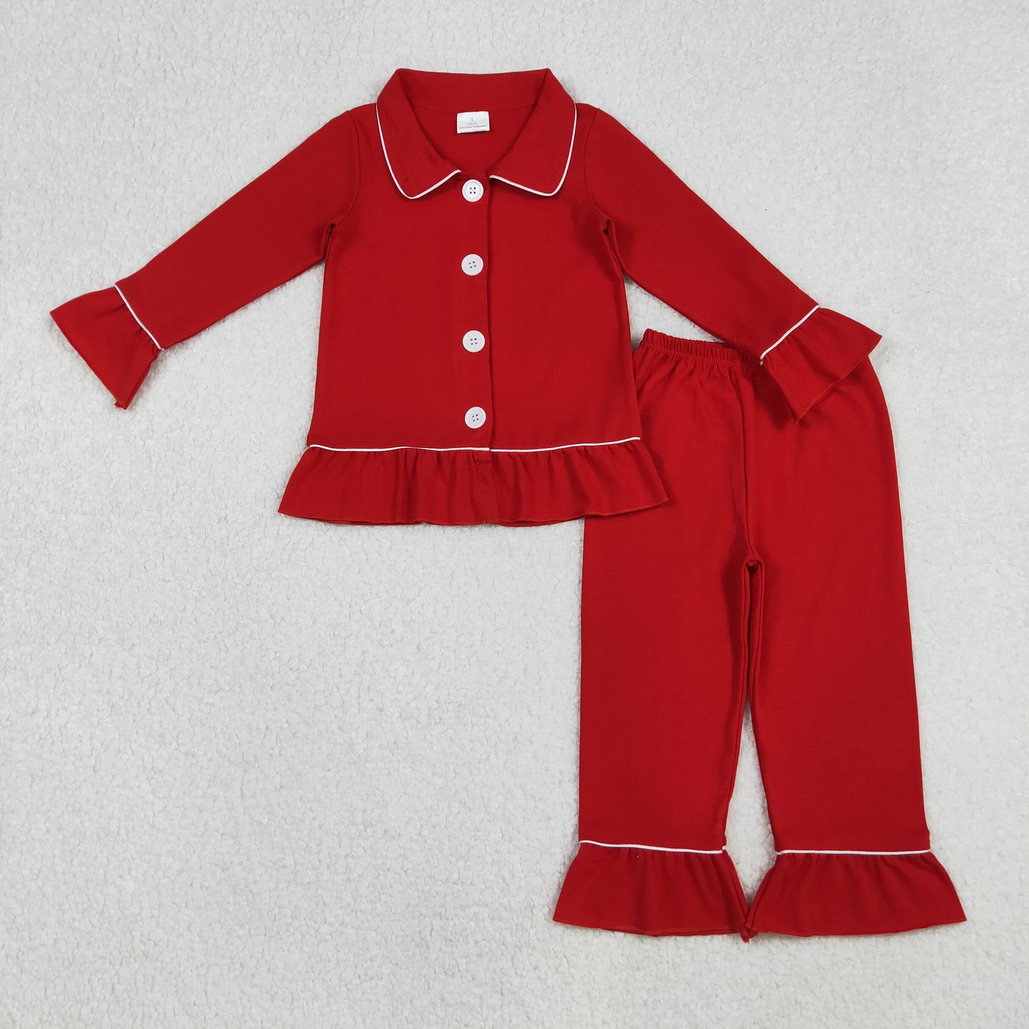 RTS NO MOQ(In Stock) GLP2789 Christmas Solid Red Lace Button Long-Sleeved Pants Set