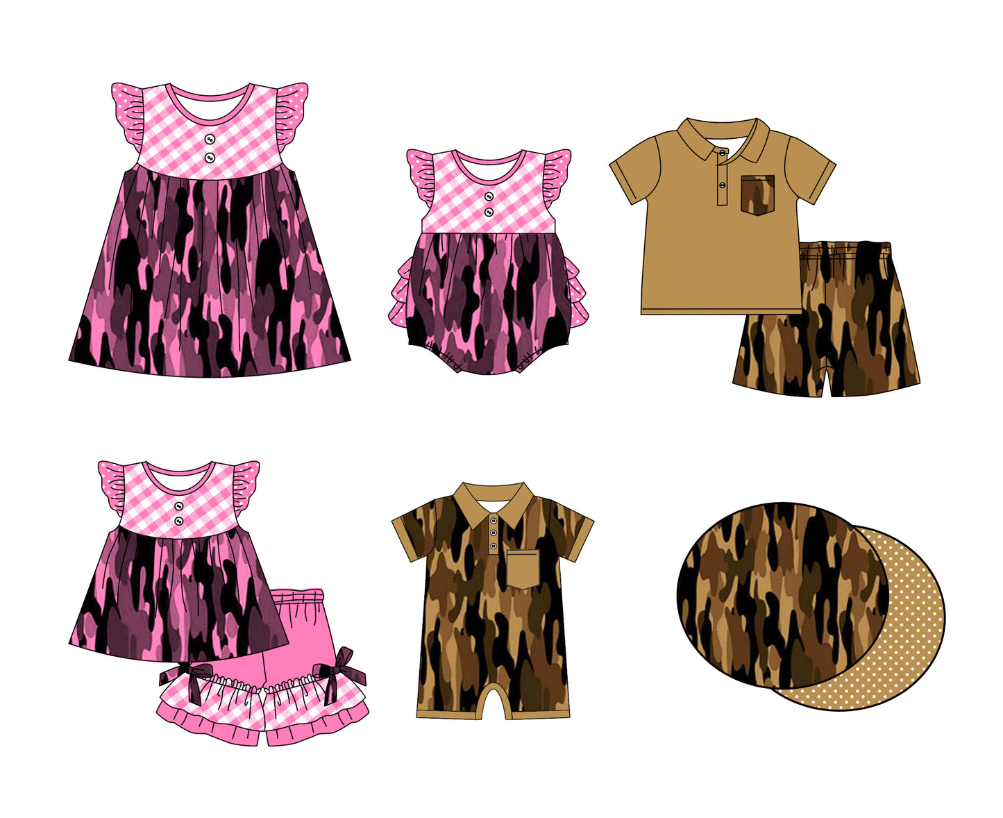 11.3 custom each style moq 5eta 4-6week Sibling Sister camouflage baby girl short sleeve shorts sets and briefs sets 2 and girls romper and boy romper and dress match design