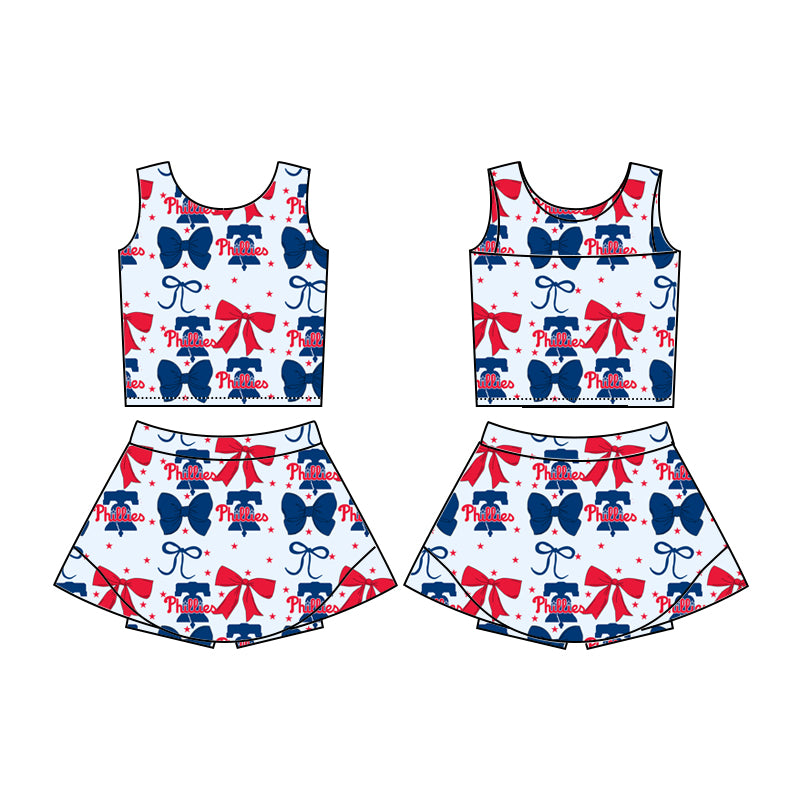 Custom moq 5 mix sizes summer teams baby girls clothes team bow blue sleeveless skirts shorts sets-25.6.20