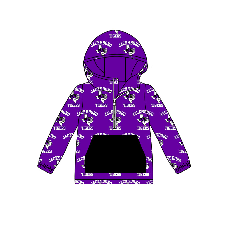 custom moq 5 tat about 6-8week Purple and Black Zip Hood Pocket Pullover
