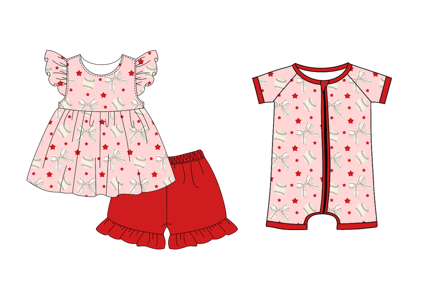 2.27 custom each style moq 5eta 4-6week Sibling Sister baseball bow baby girl short sleeve shorts sets and romper match design