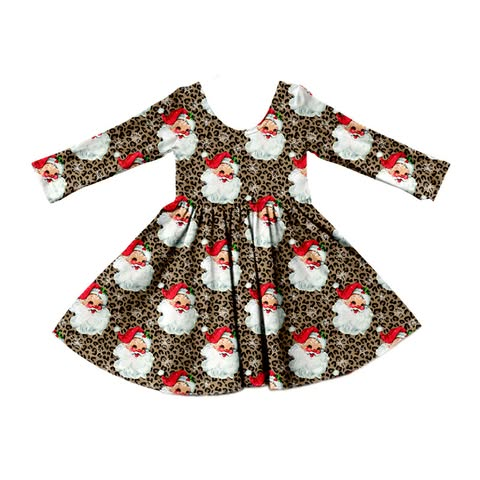 custom moq 5 mix size SETR01 Baby Girls Christmas Leopard Santa Print Long Sleeve Twirl Kids Holiday Dress