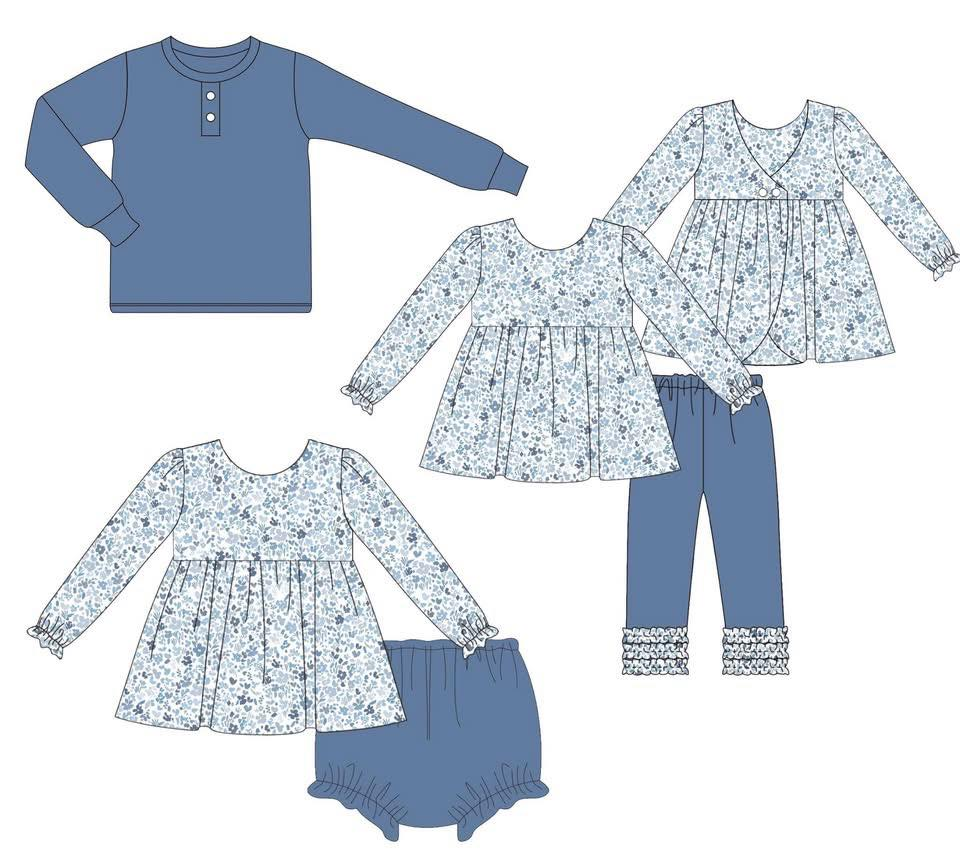 Custom moq 5 each style eta 6-7weeks baby girl clothes blue long sleeve pant sets and briefs sets and top-25.7.28
