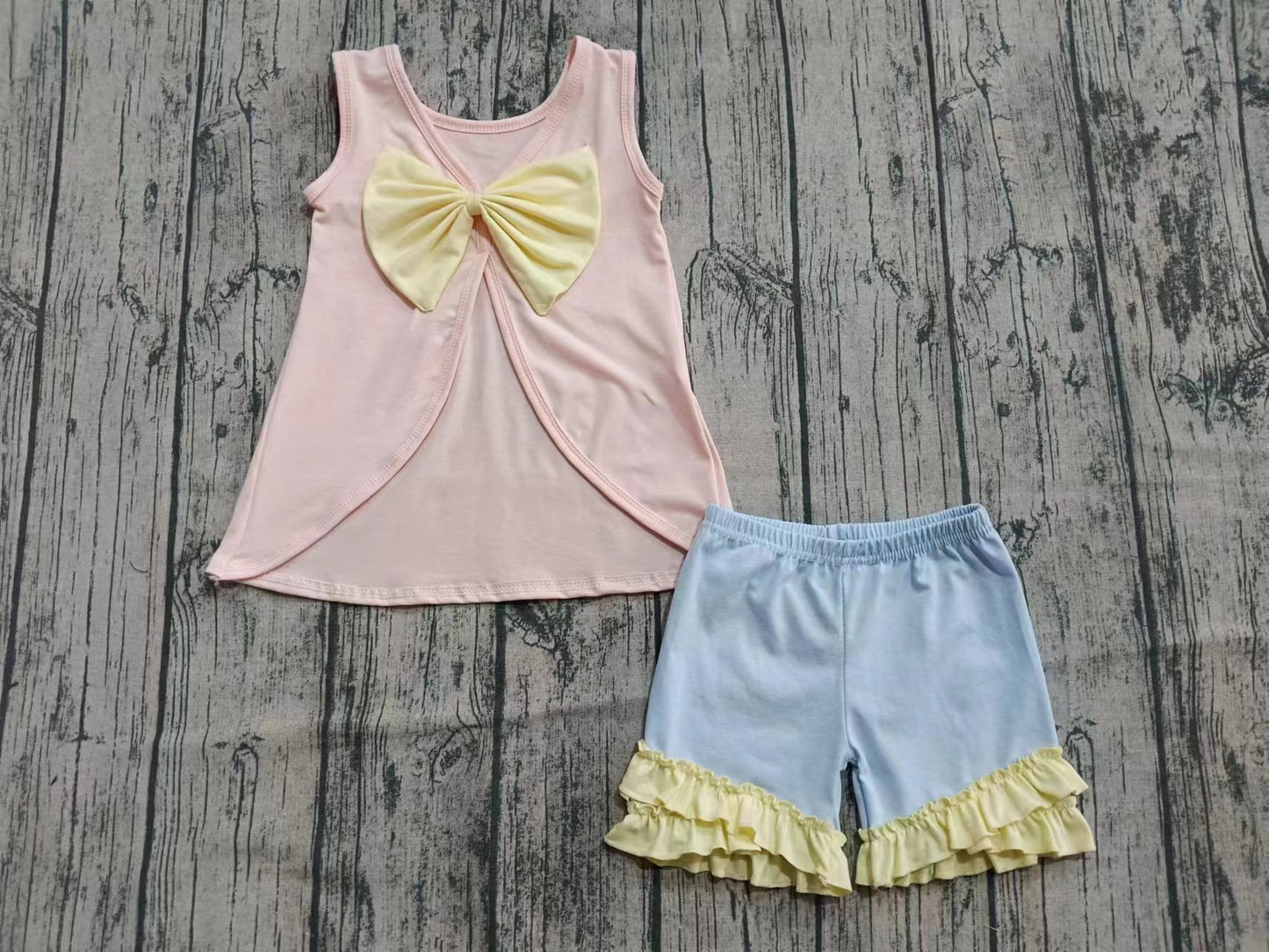 Custom moq 3 eta 6-7weeks baby girls clothes pink bow flying sleeve shorts sets-25.6.23
