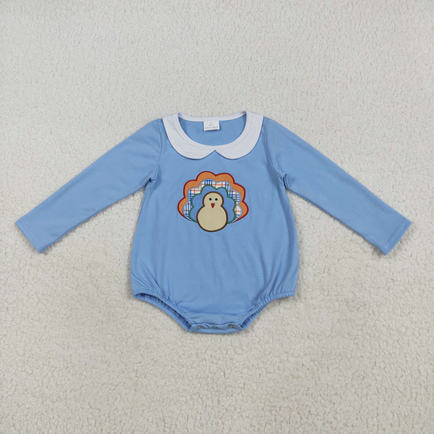 RTS NO MOQ(In Stock ) LR2261 Embroidered turkey collar blue long-sleeved jumpsuit
