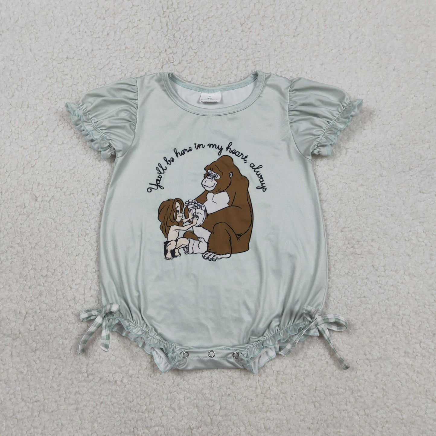 RTS NO MOQ(In Stock ) SR3589 You'll be here in my heart, always a blue short-sleeved jumpsuit with a gorilla bow.