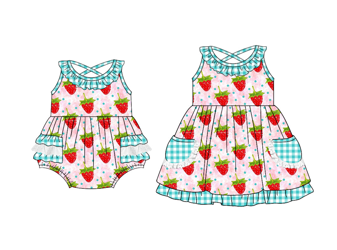 11.1 custom each style moq 5eta 4-6week Sibling Sister strawberry baby girl short sleeve dress and rompers match family design