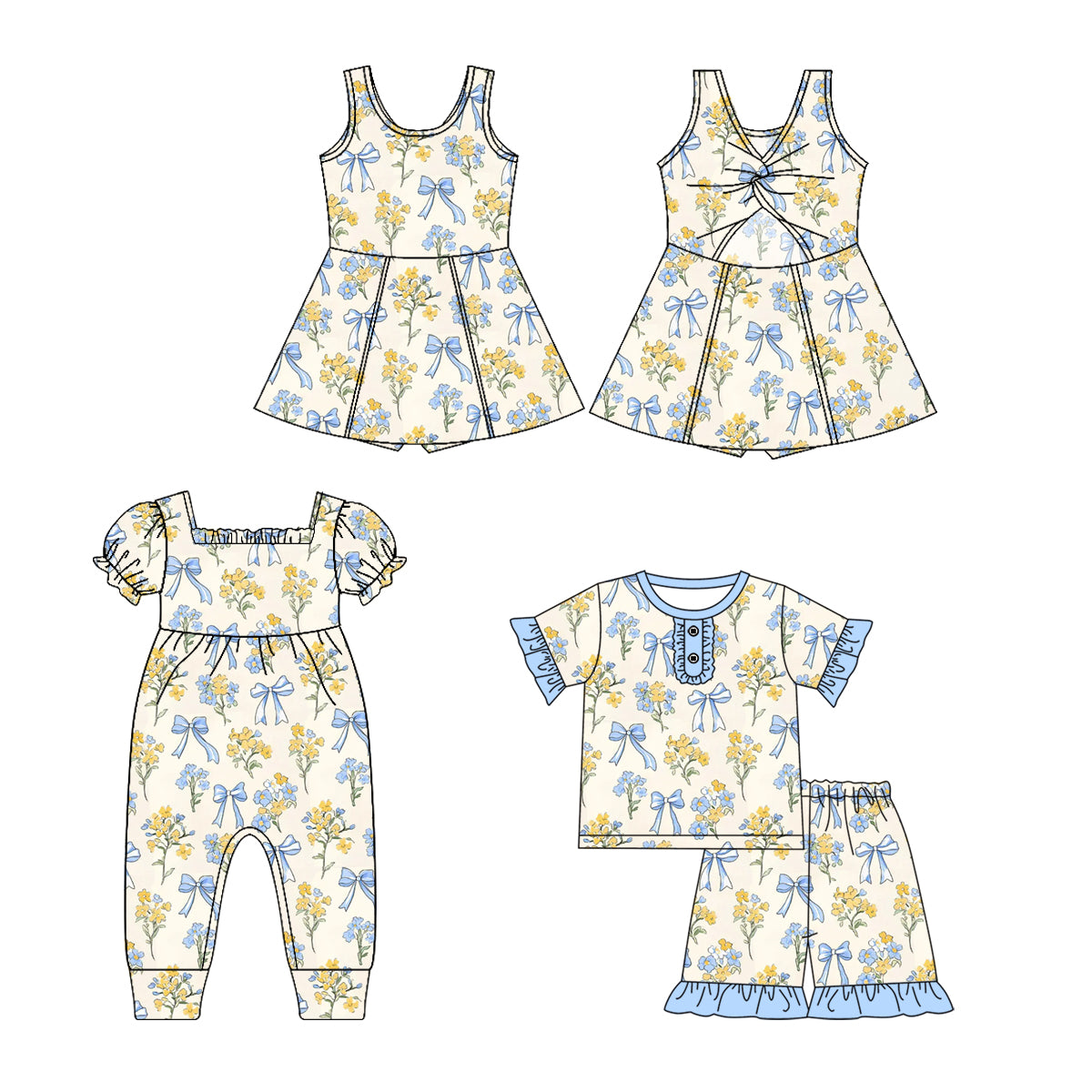 2.14 custom each style moq 5eta 4-6week Sibling Sisters bow floral baby girl short sleeve shorts sets and dress and rompers match family design