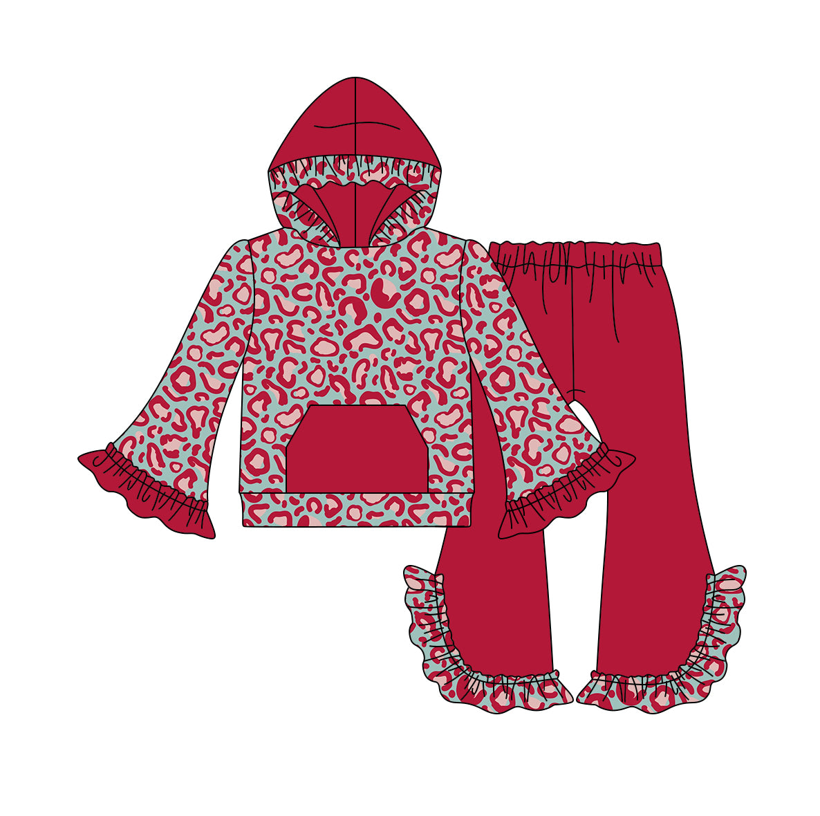 5.29 custom each style moq 5 eta 4-5week baby girls clothes dark rose red leopard hooded long sleeve lace pants outfits