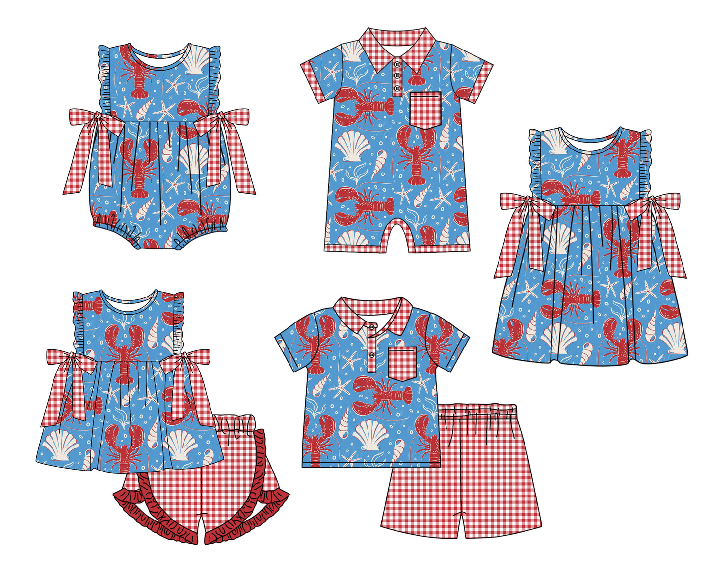 2.15 custom each style moq 5eta 4-6week Sibling Sister crayfish baby girl short sleeve shorts sets and sets 2 and boy romper and girl romper and dress match design
