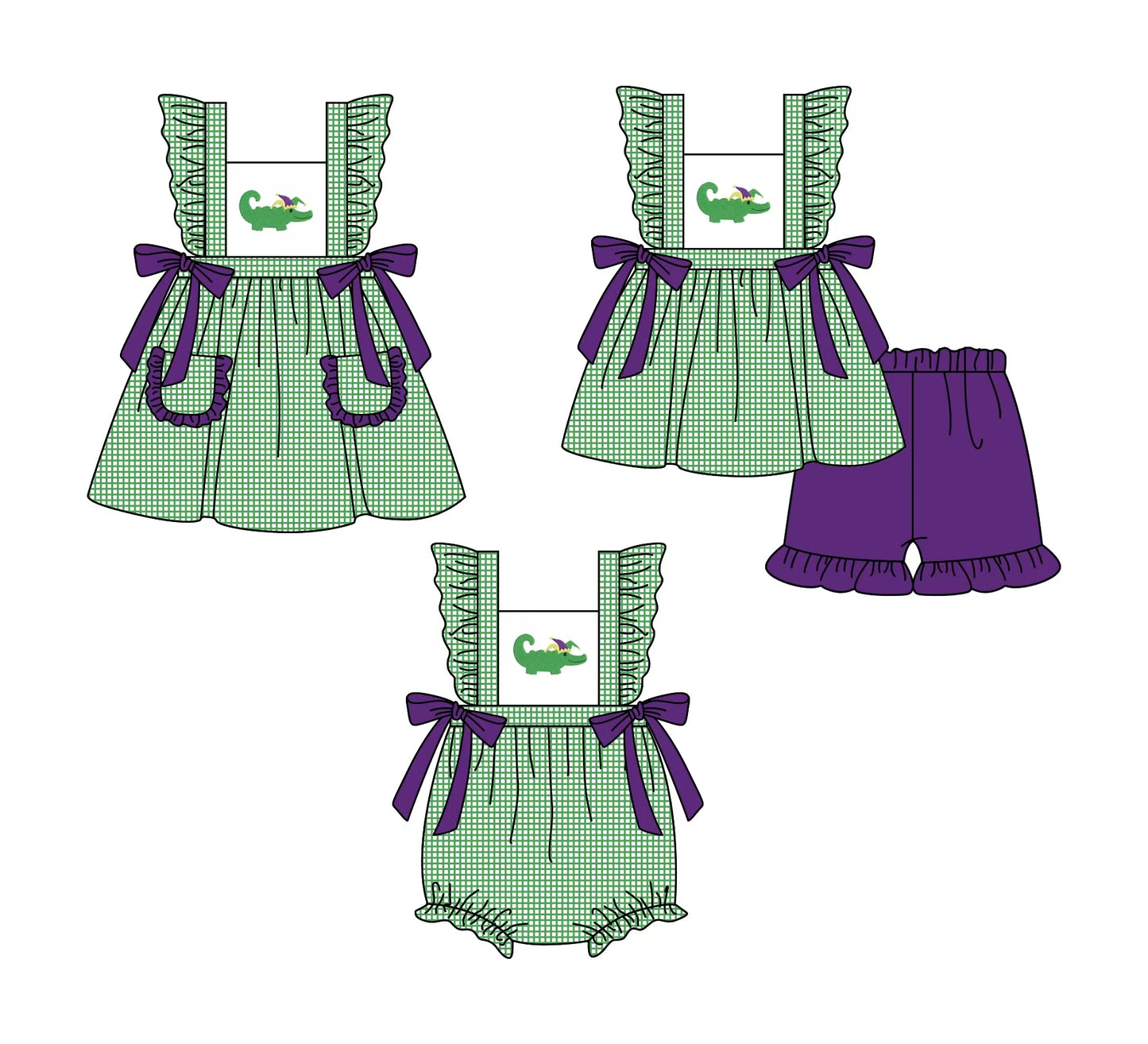 12.5 custom each style moq 5eta 4-6week Sibling Sister mardi gras baby girl short sleeve shorts sets and dress and rompers match family design