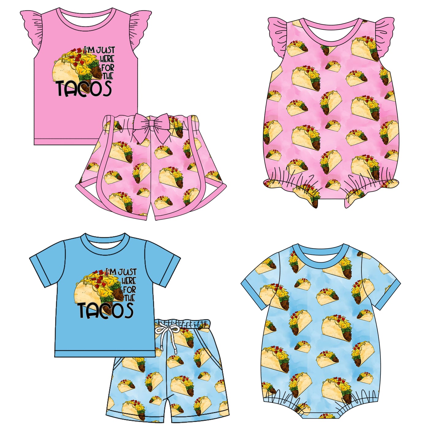 12.10 custom each style moq 5eta 4-6week Sibling Sister TACOS baby girl short sleeve shorts sets and sets 2 and girls romper and boy romper match design
