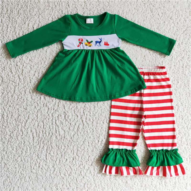 RTS NO MOQ(In Stock ) GLP0166 Embroidered Chistmas long sleeve pants set