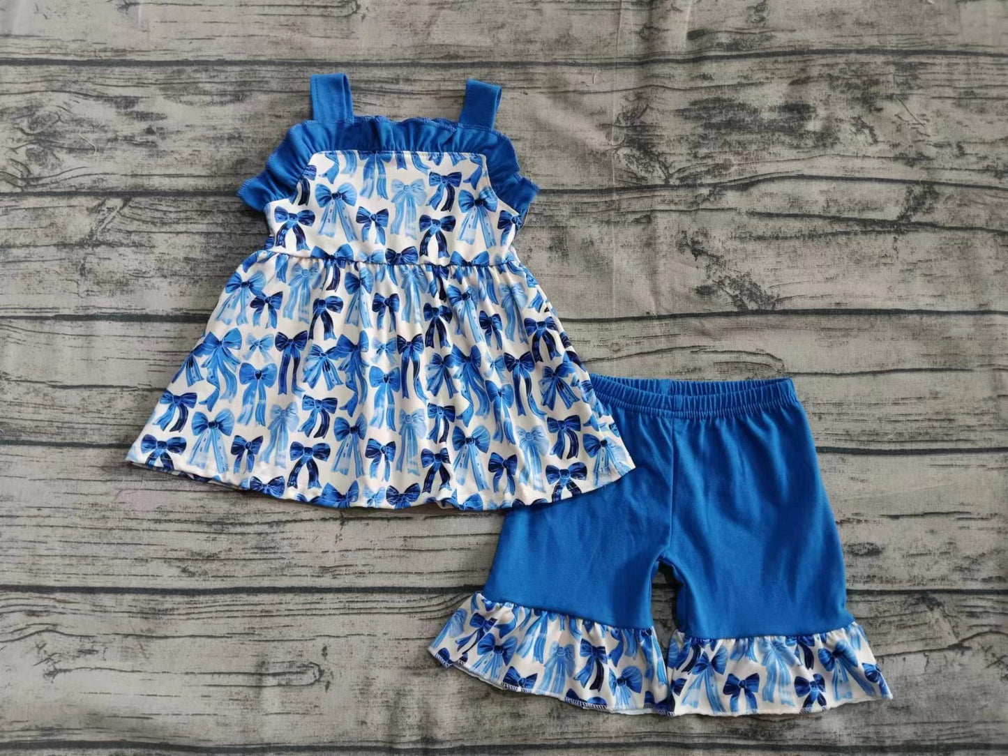 Custom moq 3 eta 6-7weeks baby girls clothes bow blue suspender shorts sets-25.5.26