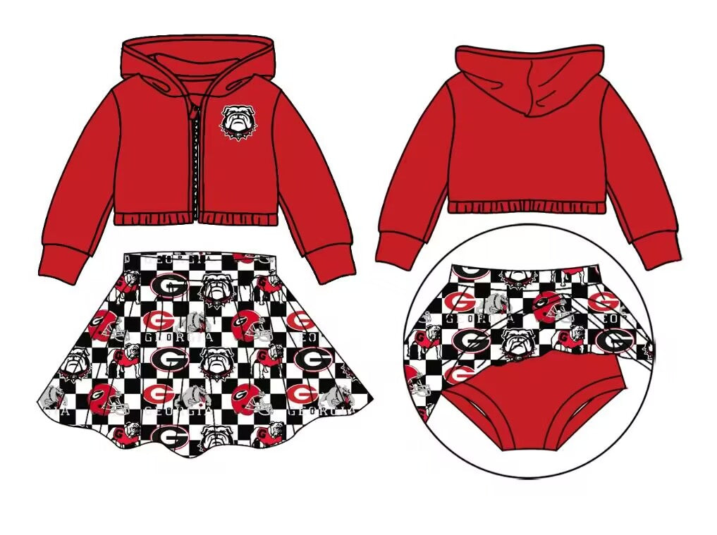 custom moq 3 eta 6-7weeks team summer baby girls clothes red hooded with skirts sets