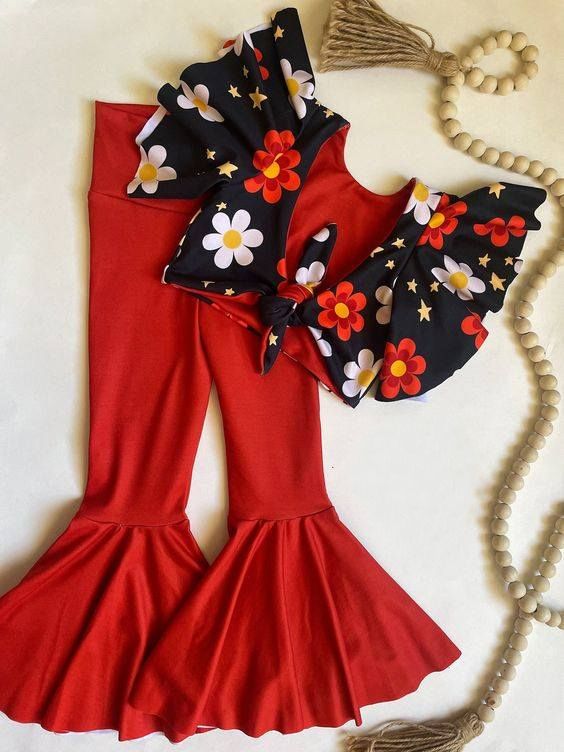 GSPO1242 Floral black lace sleeve top and red pants suit