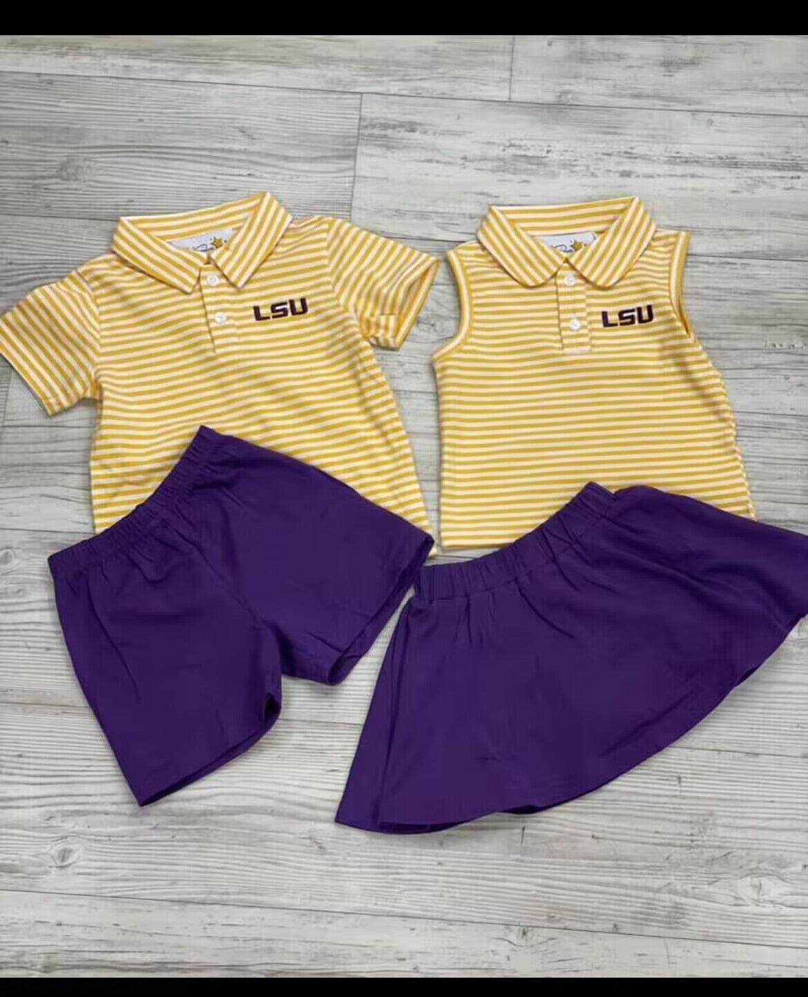 Deadline September 25 custom MIX SIZE no moq eta 6-8weeks Yellow striped short-sleeved shirt-purple skirt shorts boys and girls mixed suit