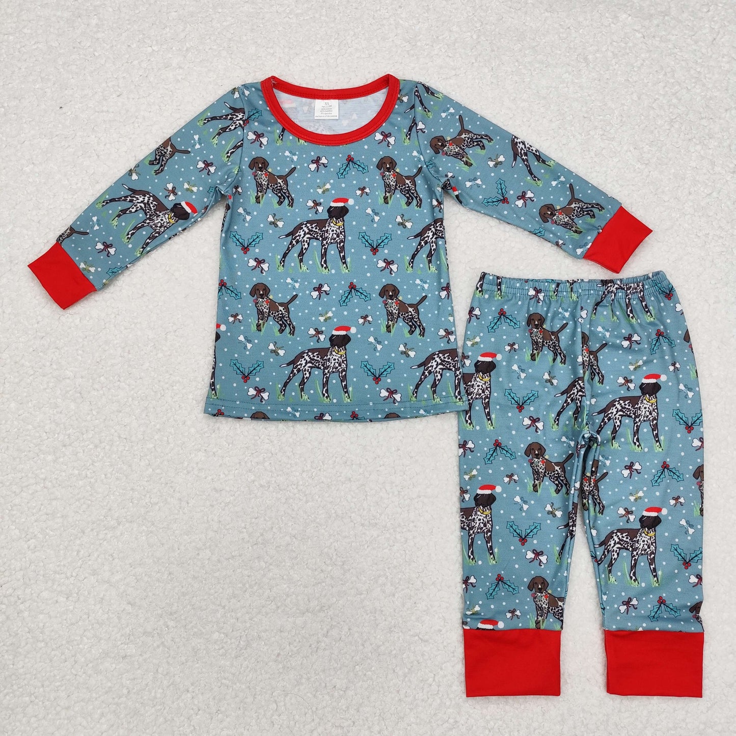 RTS NO MOQ(In Stock) BLP0850 Modal Christmas Puppy Red and Green Long Sleeve Long Pants Pajama Set