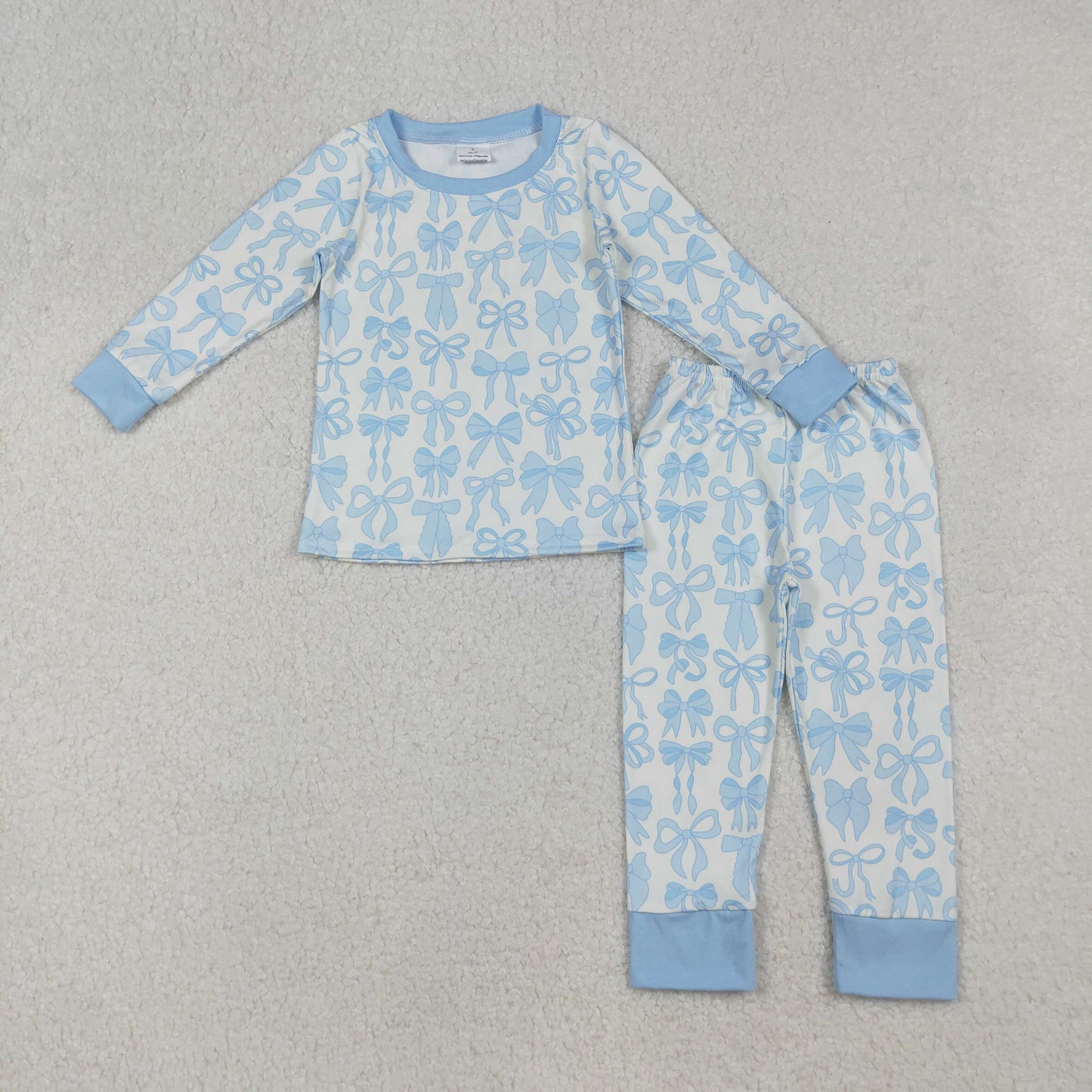 RTS NO MOQ(In Stock) GLP2724 Light blue bow pattern long-sleeved and white trouser pajama set