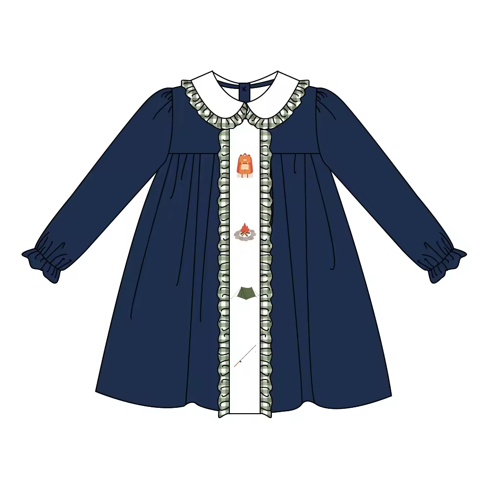 Custom moq 3 eta 6-8weeks Navy blue doll collar vertical lace long sleeve dress