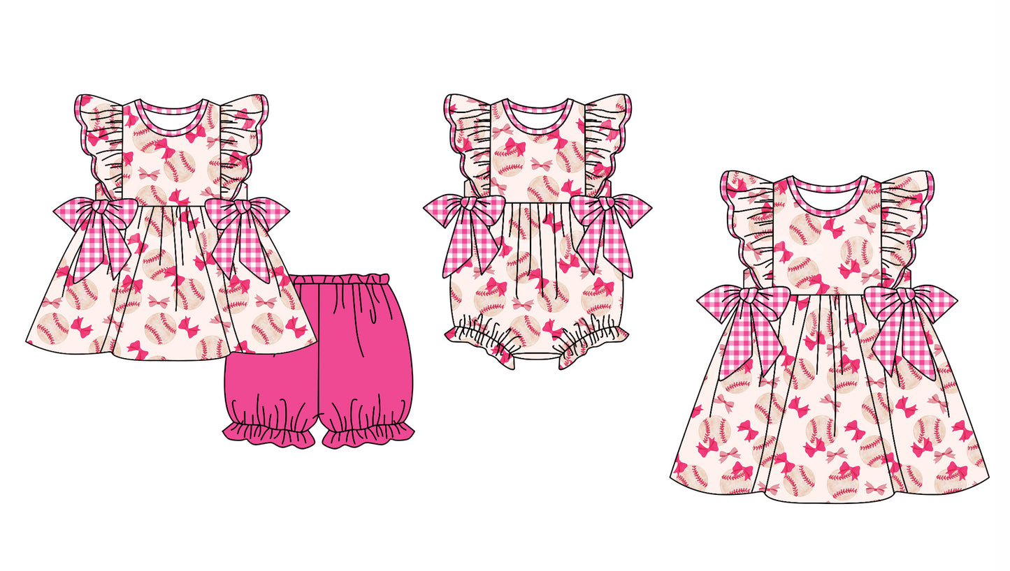11.28 custom each style moq 5eta 4-6week Sibling Sister baseball bow baby girl short sleeve shorts sets and dress and rompers match family design