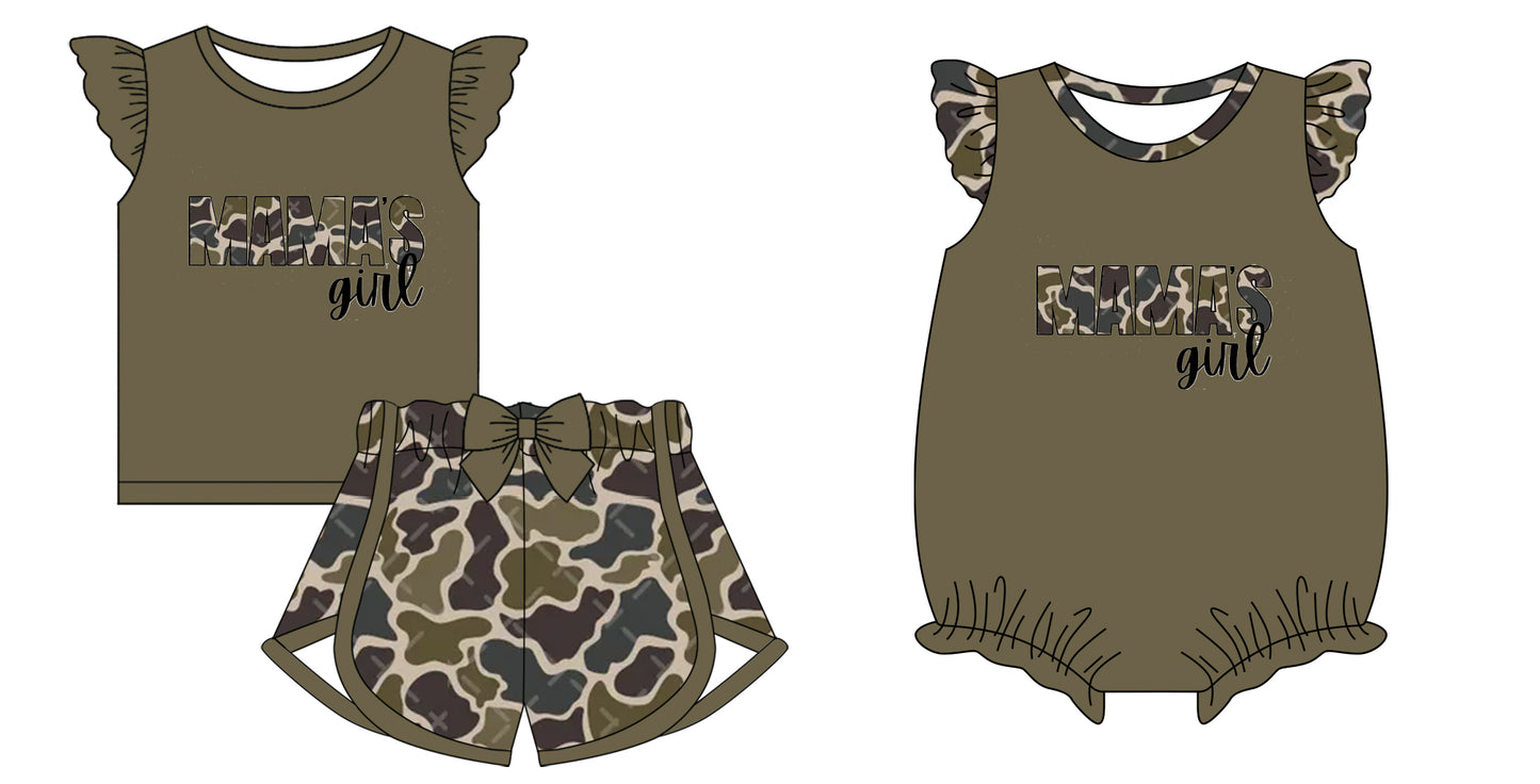 12.3 custom each style moq 5eta 4-6week Sibling Sister MAMA GIRL camouflage baby girl short sleeve shorts sets and rompers match design