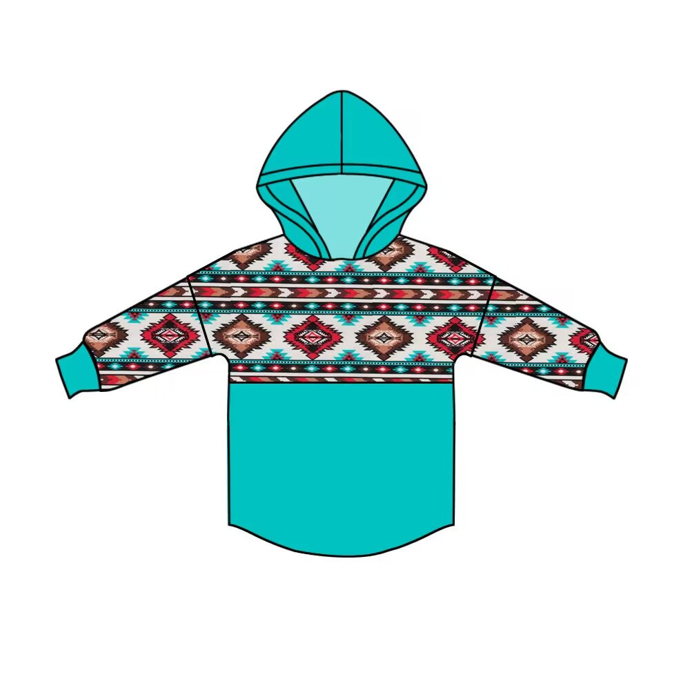 Custom moq 3 eta 6/8weeks moq 5 eta 4/5weeks geometric teal hooded long-sleeved top