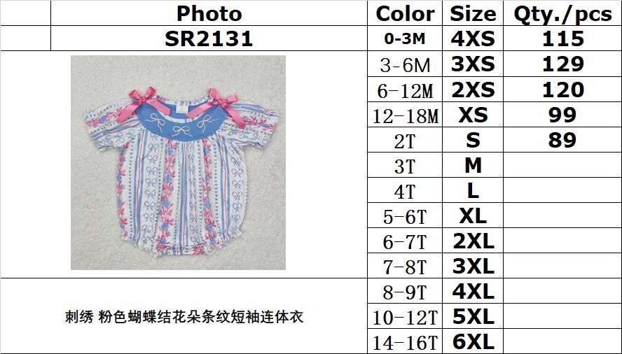 RTS NO MOQ ETA 5/7days arrived SR2131 Embroidered pink bow flower stripe short-sleeved jumpsuit