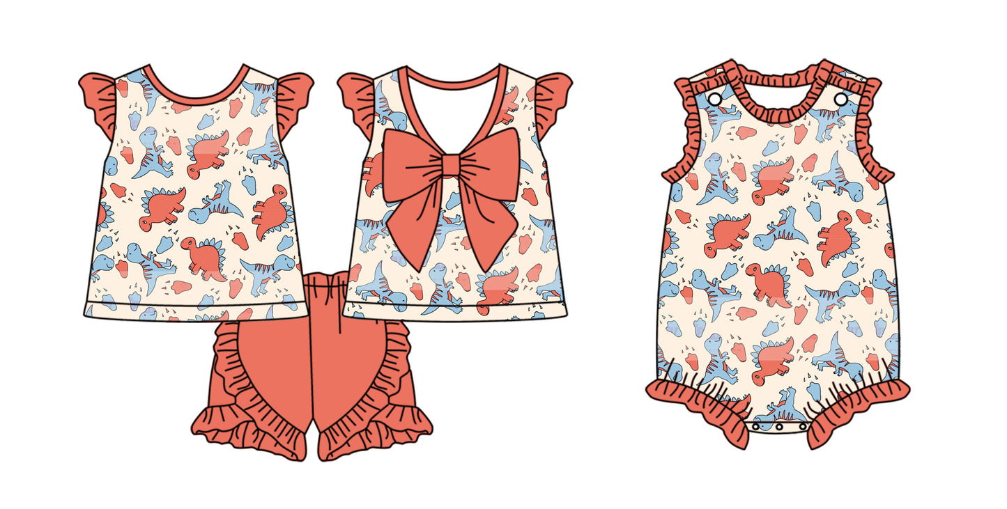 2.10 custom each style moq 5eta 4-6week Sibling Sister dinosaur baby girls short sleeve shorts sets and romper match design