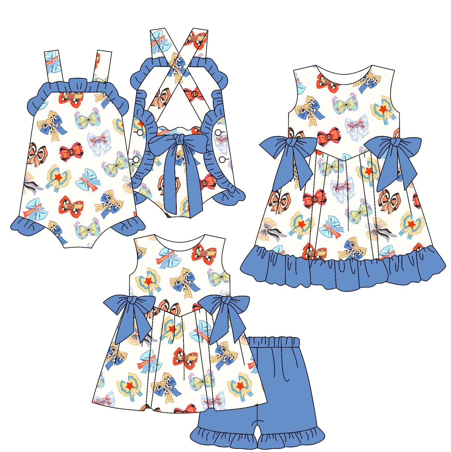 2.17 custom each style moq 5eta 4-6week Sibling Sisters bow baby girl short sleeve shorts sets and dress and rompers match family design