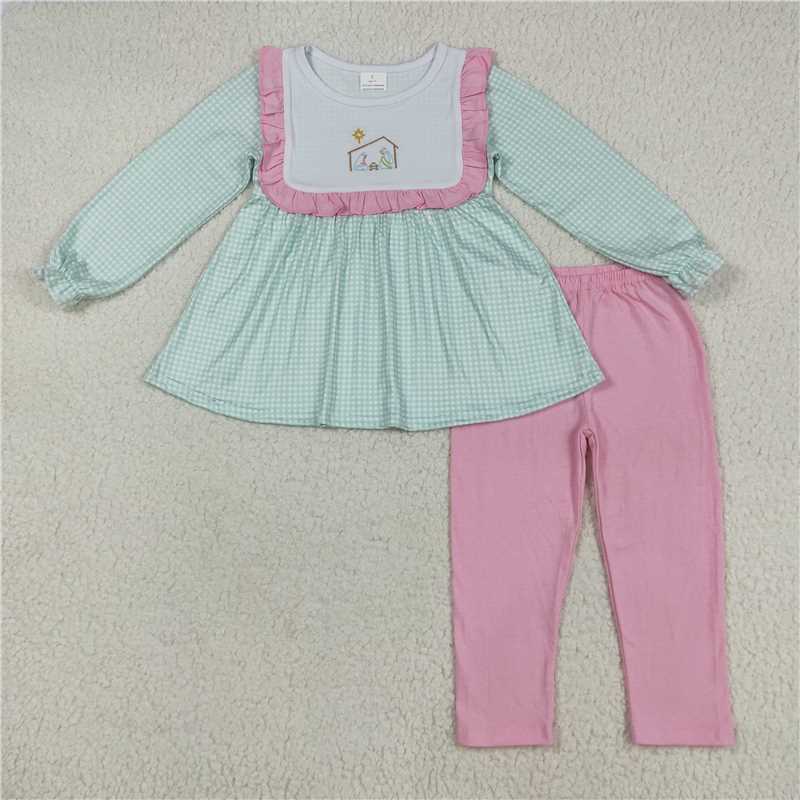 RTS NO MOQ(In Stock) GLP2410 Embroidered Christmas Long Sleeve Pants Set