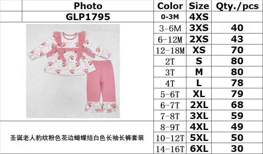 RTS NO MOQ ETA 5/7days Arrived GLP1795 Santa leopard print pink bow white long sleeve trousers set