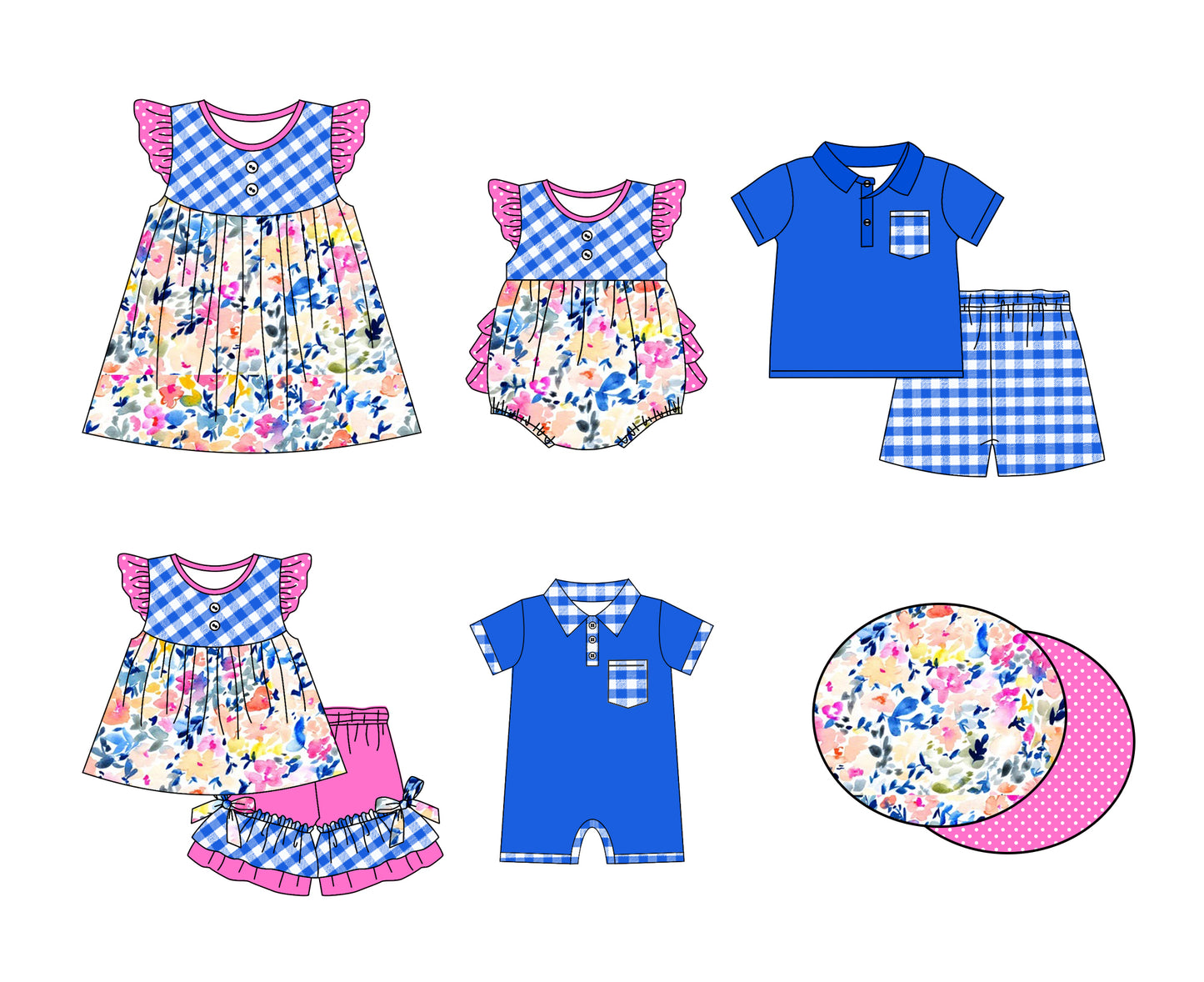 11.3 custom each style moq 5eta 4-6week Sibling Sister floral blue baby girl short sleeve shorts sets and briefs sets 2 and girls romper and boy romper and dress match design