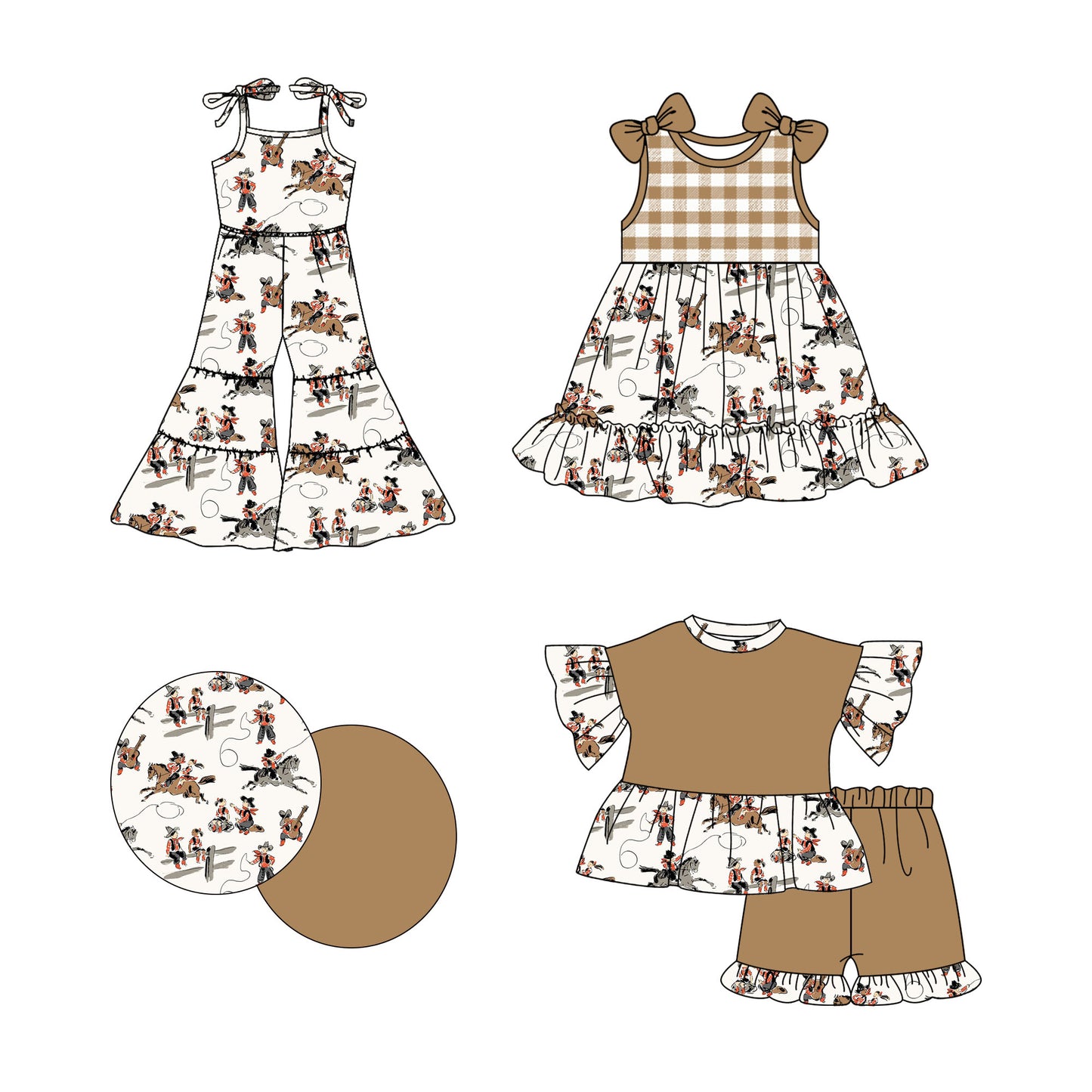 2.26 custom each style moq 5eta 4-6week Sibling Sister riding horse baby girl sets and dress and jumpsuit match family design