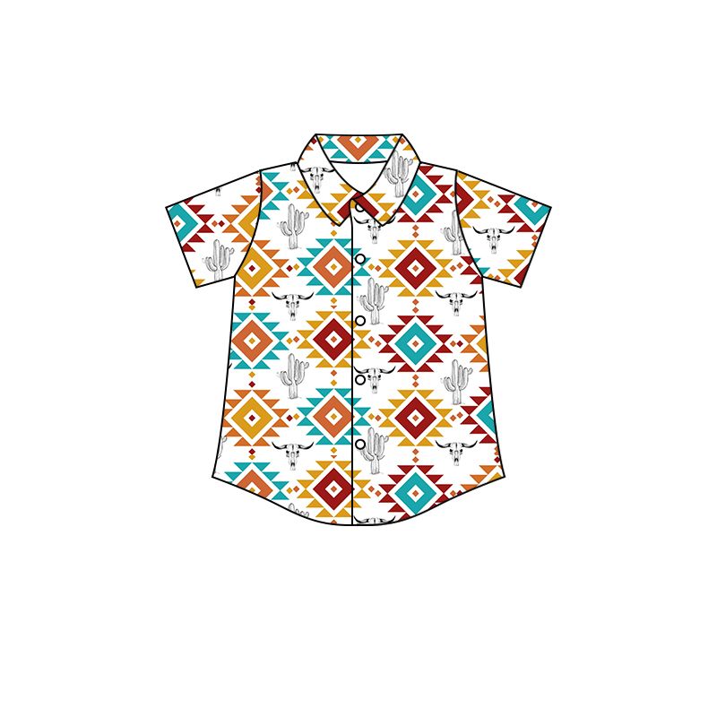 BT0550 Alpine Bull Cactus Geometric Button White Short Sleeve Top