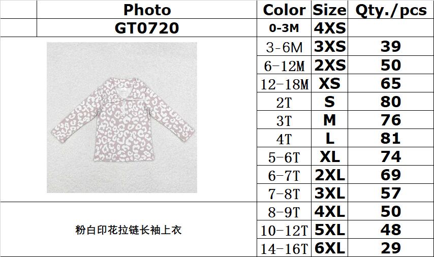 rts no moq GT0720 Pink and white printed zipper long-sleeved top
