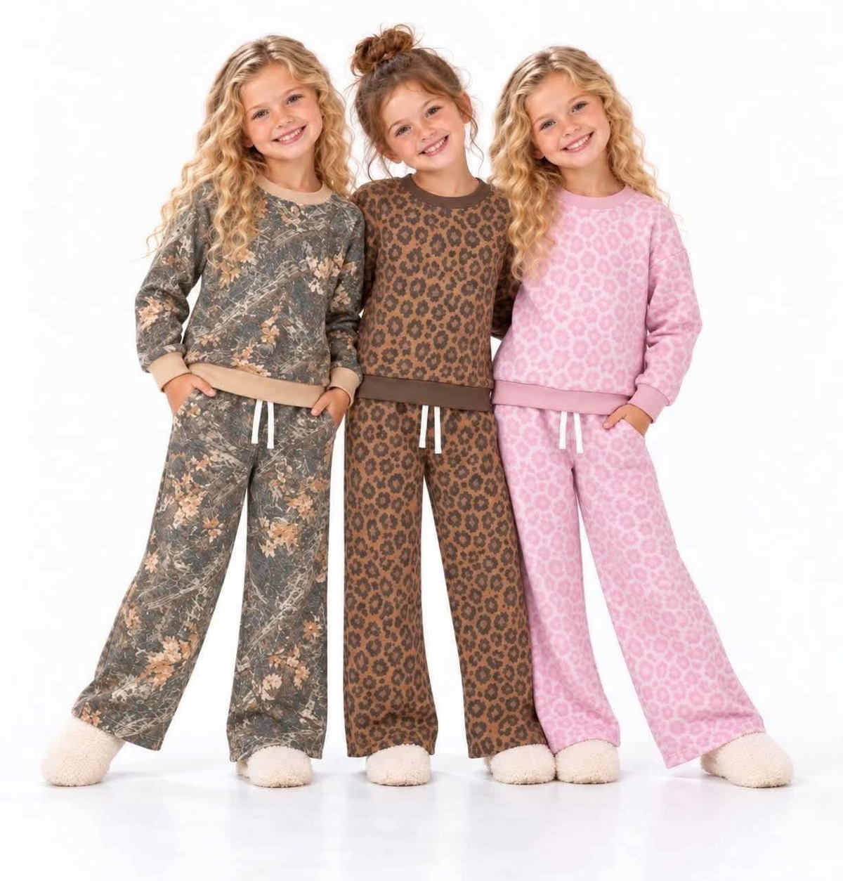 custom moq 5 mix size SETR0106 Baby Girls Camo Leopard Print Long Sleeve Top And Wide Leg Pants Matching Set