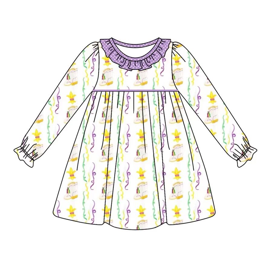 12.5 custom each style moq 5eta 4-6week baby girl clothe mardi gras long sleeve dress