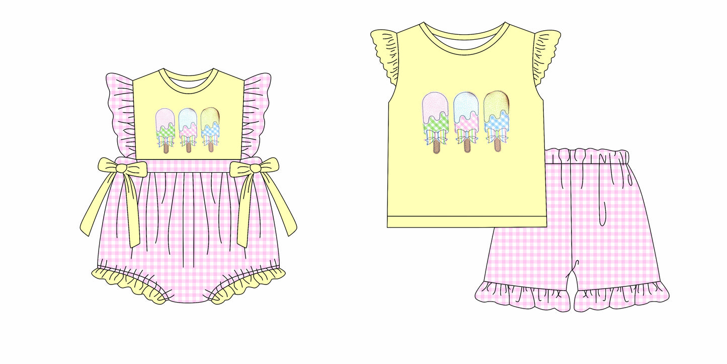 12.2 custom each style moq 5eta 4-6week Sibling Sister ice cream baby girl short sleeve shorts sets and rompers match design