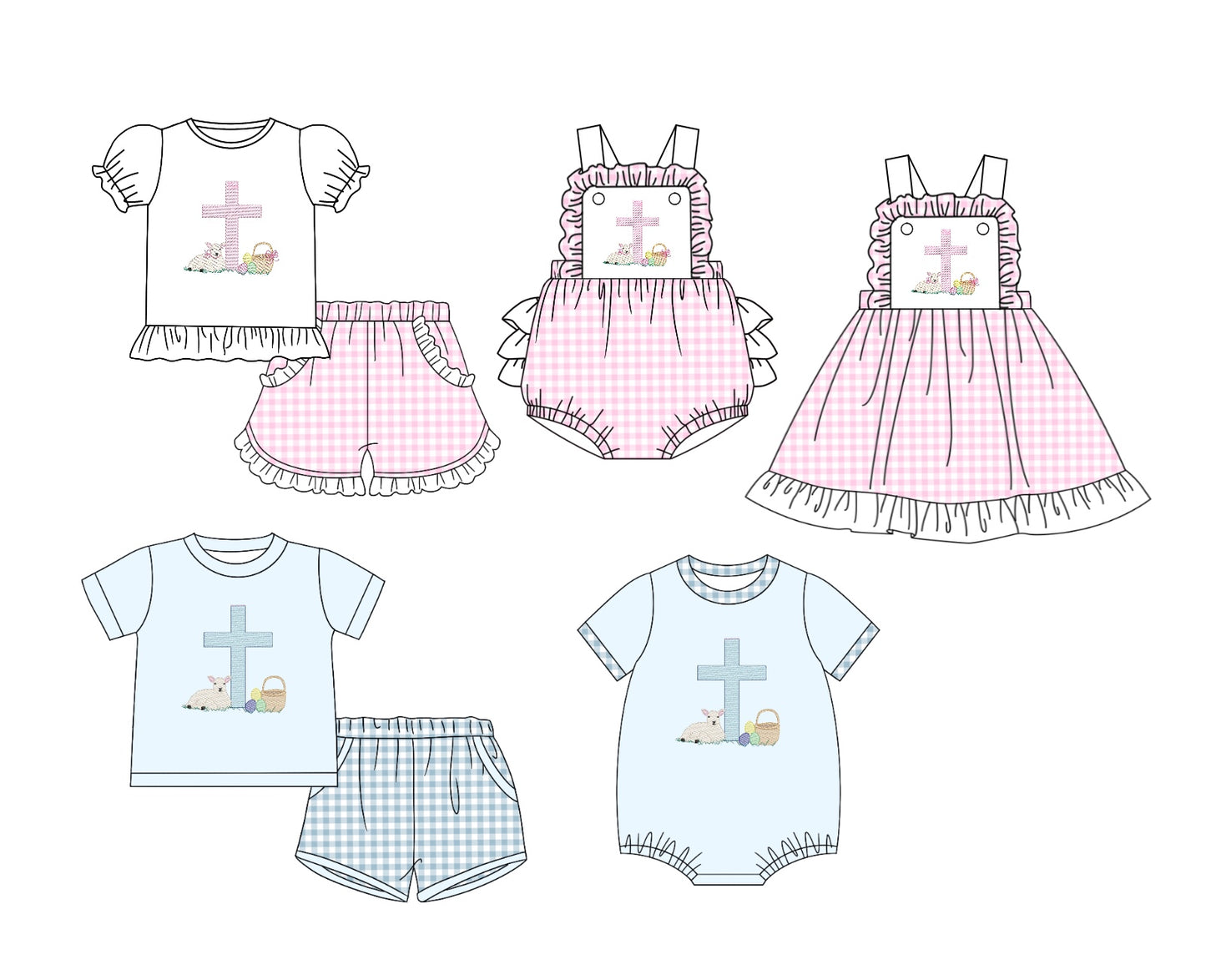 11.6 custom each style moq 5eta 4-6week Sibling Sister easter baby girl short sleeve shorts sets and sets 2 and girls romper and boy romper and dress match design
