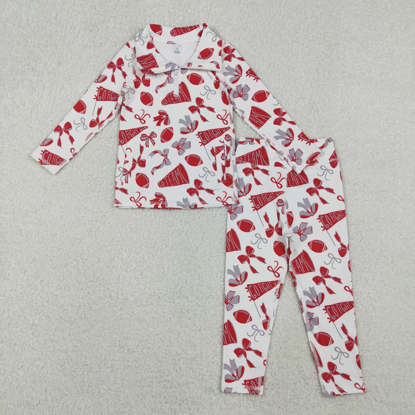 RTS NO MOQ(In Stock) GT1198+P0846 Football red flared bow pattern zippered long-sleeved yoga top pants set