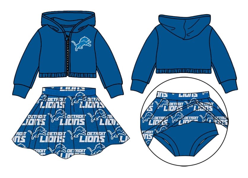 Deadline October 21 custom no moq eta 6-8weeks Blue Tiger Pattern Zipper Hooded Jacket-Pleated Skirt Set