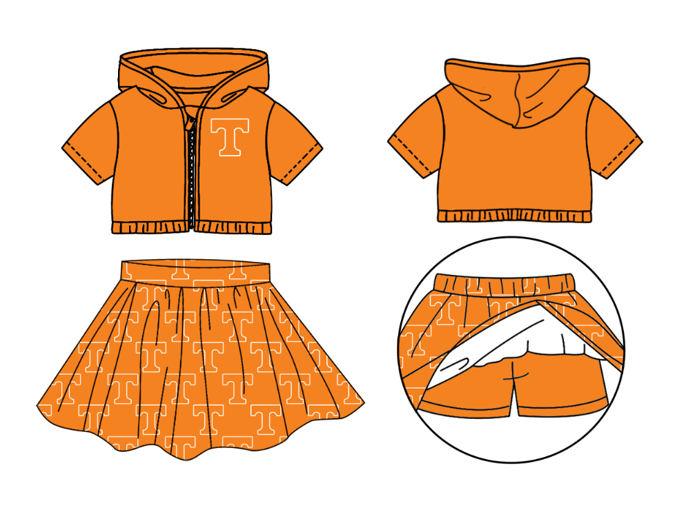 Custom moq 5 mix size milk silk summer teams baby girl clothes orange hooded short sleeve skirts set