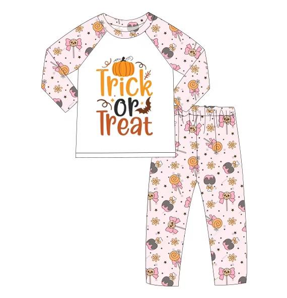 Custom moq 5 mix size milk silk summer teams baby girl clothes halloween Trick or Treat long sleeve pants sets-25.8.7
