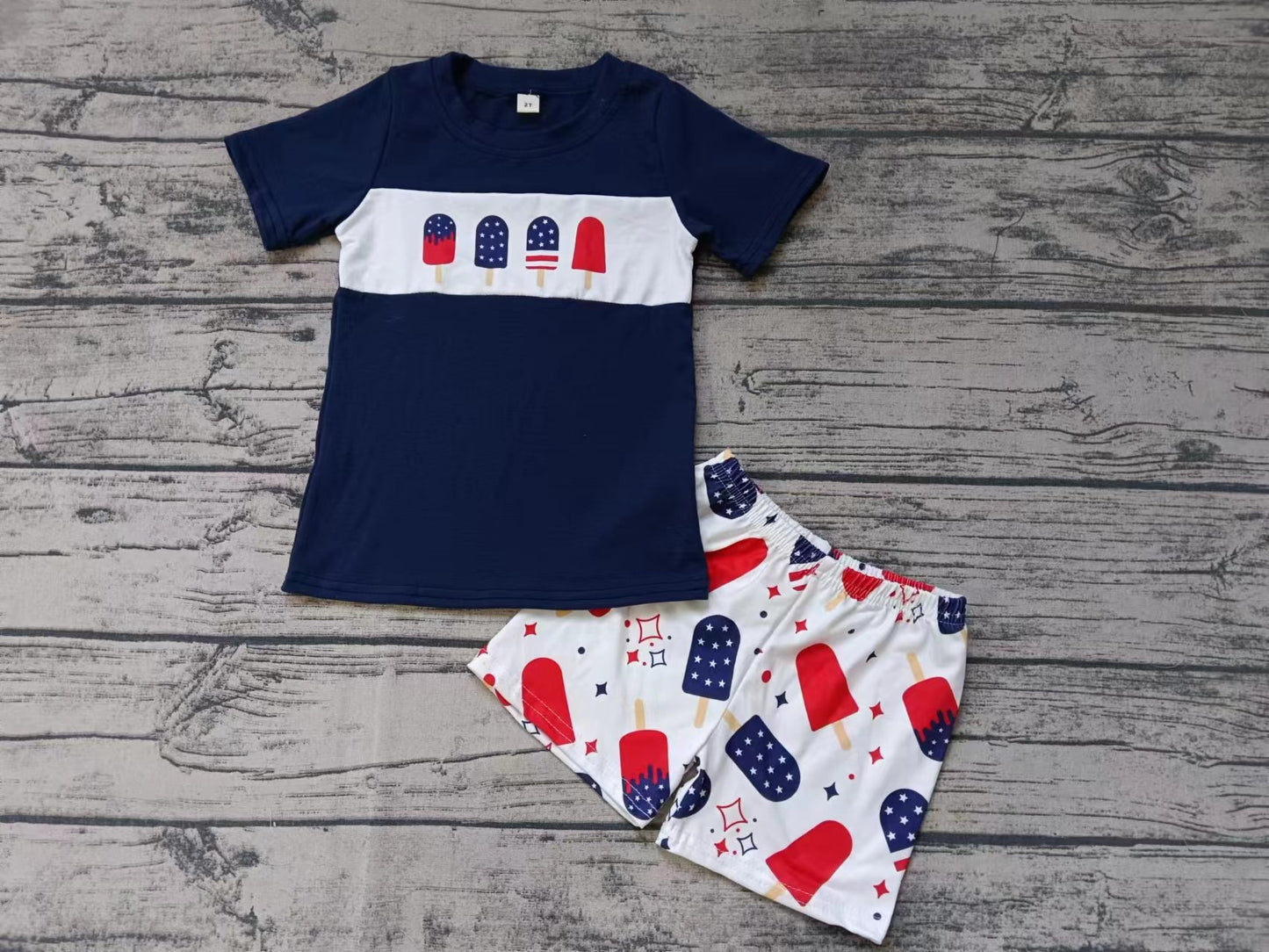 custom moq 5 eta 5weeks summer boys Boys ice cream navy blue short sleeve shorts Boys Set