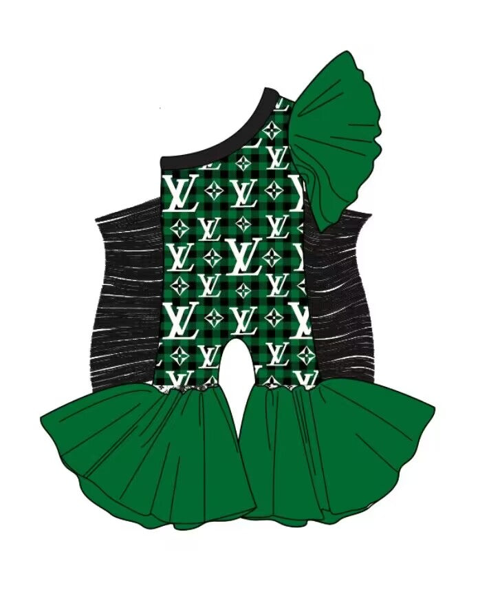 custom moq 5 eta 6-7weeks baby girls clothes black tassel rgreen One shoulder Summer jumpsuit