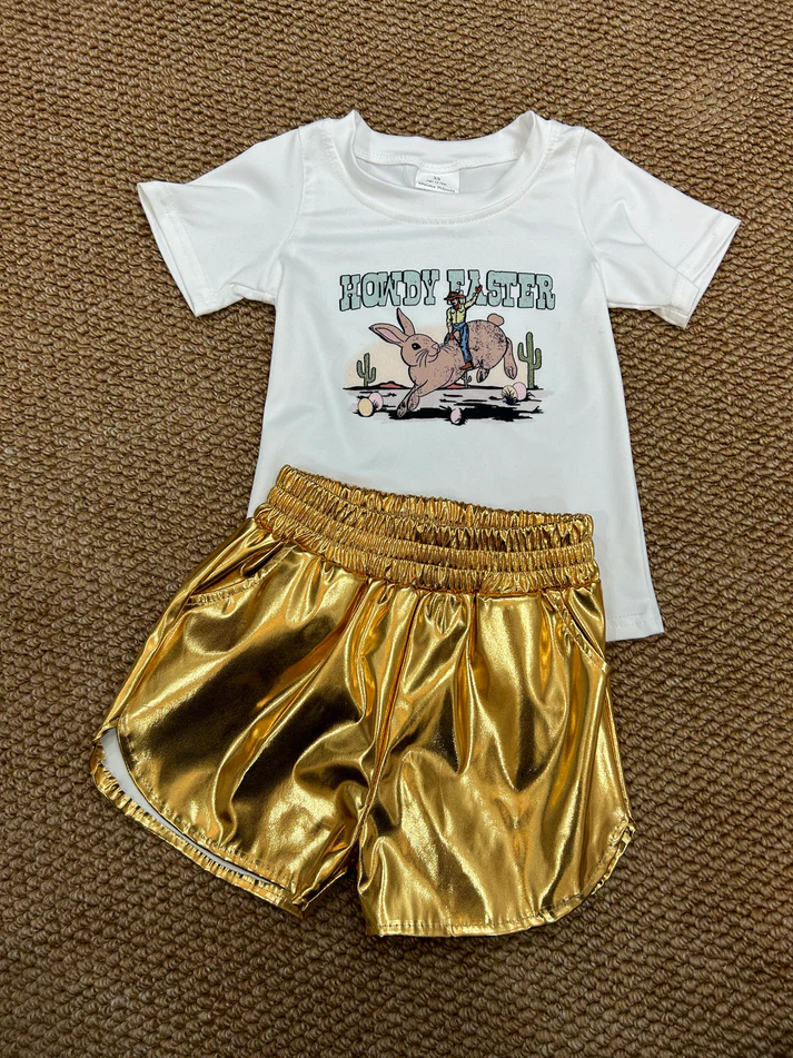 RTS NO MOQ ETA 5/7days Arrived BT0559+SS0417 Howdy easter rabbit egg white short-sleeved top Glossy leather royal blue shorts